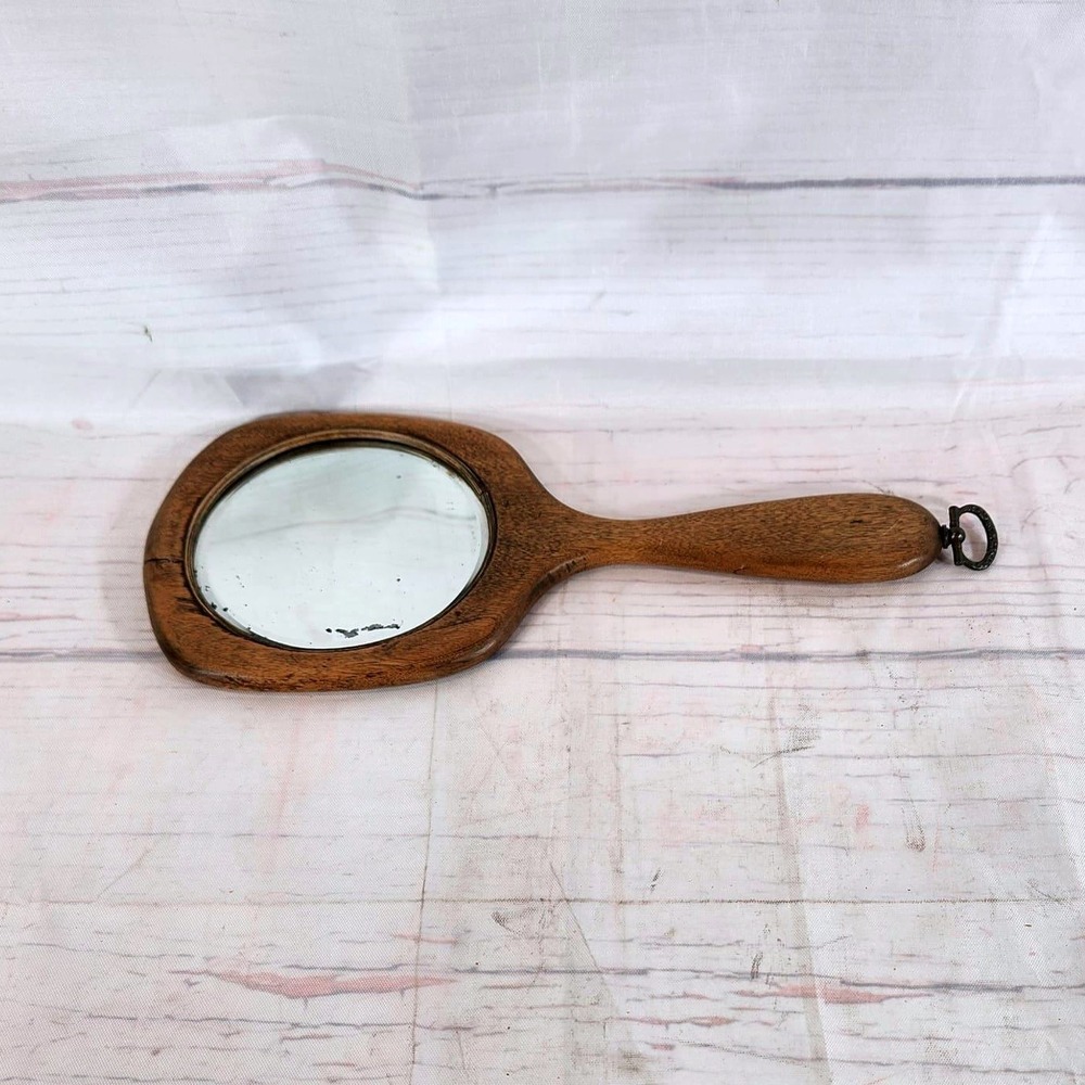Hand Mirror Brown Wood Vintage Primitive Hanging Loop